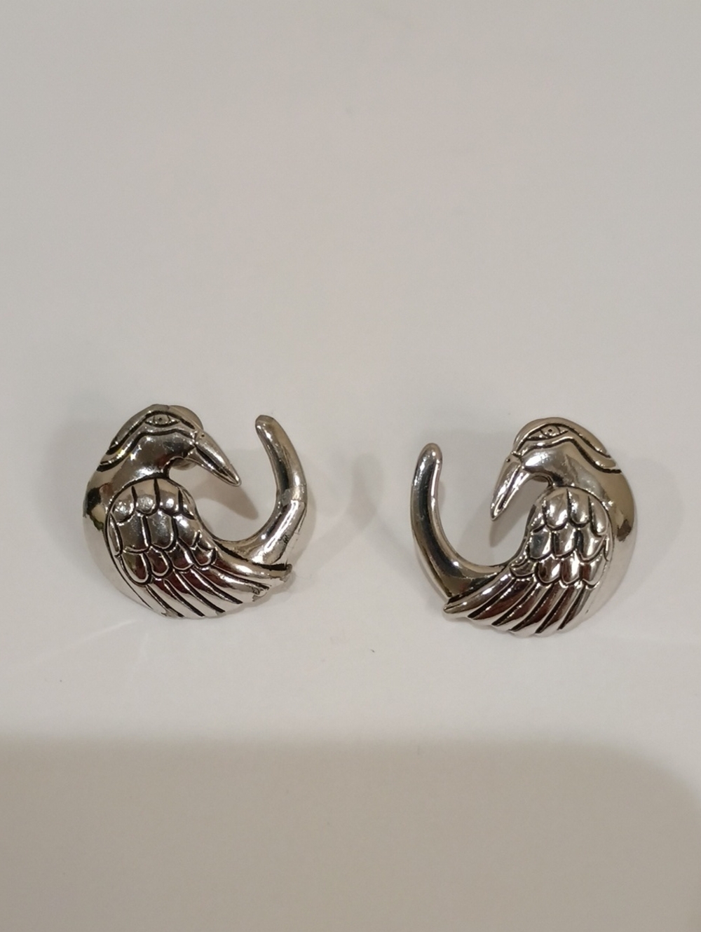 Silver Curved Crow Earrings - Vintage 1980s